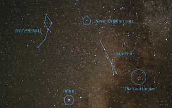the sky with highlighted novae and constelations delphinus, sagita, the coathanger